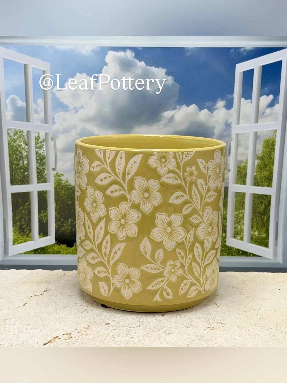Mustard Yellow Floral Ceramic Planter with Drainage Hole, 6 Inch planter